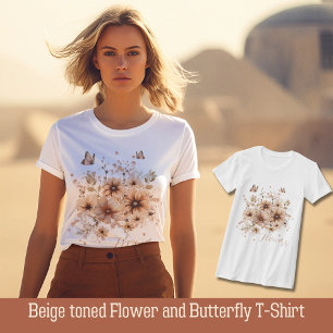 Beige getinte bloem en vlinder T-shirt