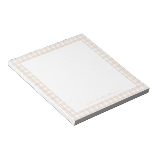 Beige Gingham Aangepaste Naam Notitieblok (Schuin)