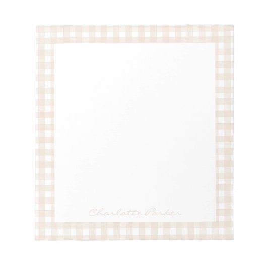 Beige Gingham Aangepaste Naam Notitieblok (Voorkant)