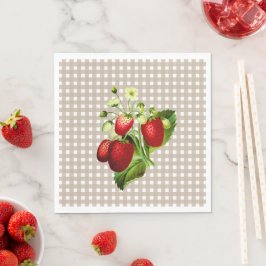 Beige Gingham & aardbeien Luncheon Servet