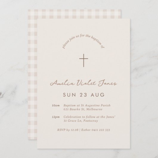 Beige Gingham Baptism Christening Cross Invitation Kaart (Voorkant / Achterkant)