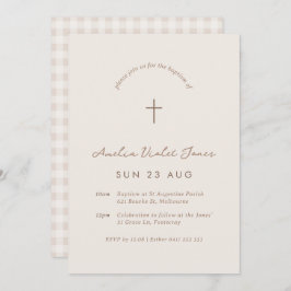Beige Gingham Baptism Christening Cross Invitation Kaart