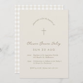 Beige Gingham Baptism Christening Cross Invitation Kaart (Voorkant / Achterkant)