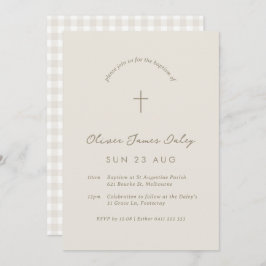 Beige Gingham Baptism Christening Cross Invitation Kaart