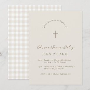 Beige Gingham Baptism Christening Cross Invitation Kaart