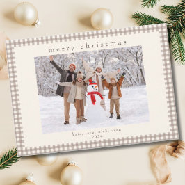 Beige  Gingham Check Kerstfoto Feestdagenkaart