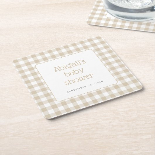 Beige Gingham Check Rustiek Baby shower Kartonnen Onderzetters (Schuin)