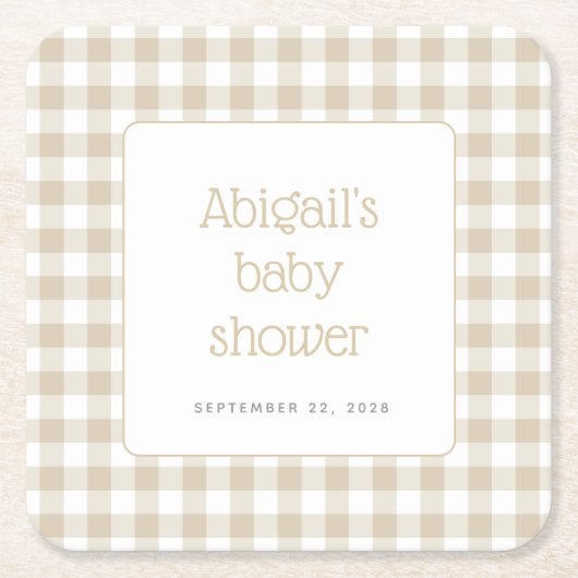 Beige Gingham Check Rustiek Baby shower Kartonnen Onderzetters (Voorkant)