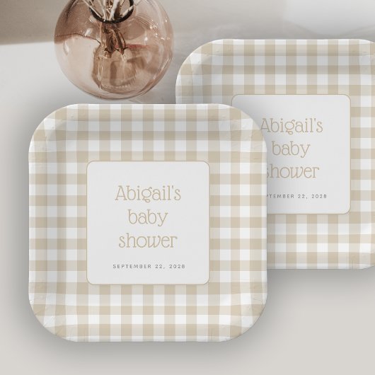 Beige Gingham Check Rustiek Baby shower Papieren Bordje