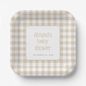 Beige Gingham Check Rustiek Baby shower Papieren Bordje (Voorkant)