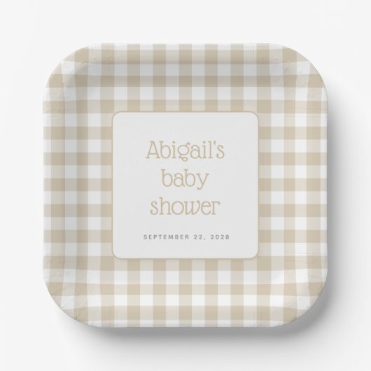 Beige Gingham Check Rustiek Baby shower Papieren Bordje (Voorkant)