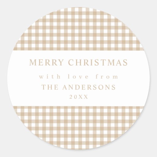 Beige Gingham Christmas Ronde Sticker (Voorkant)
