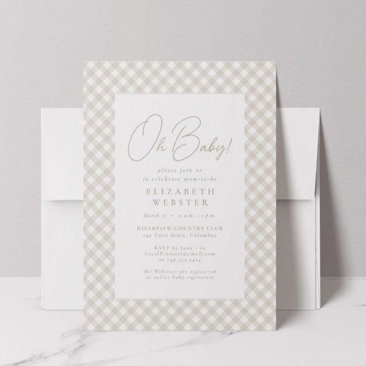 Beige gingham cute neutral Oh Baby baby shower Kaart
