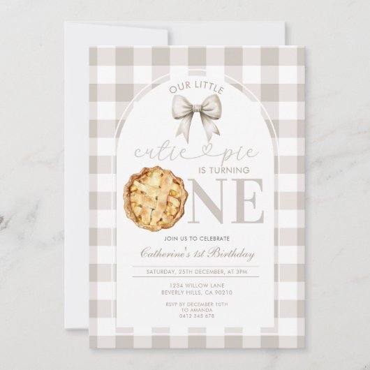 Beige Gingham Cutie Pie Eerste Verjaardag Kaart (Voorkant)