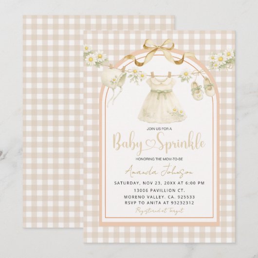 Beige Gingham Daisy Clothesline Baby Sprinkle  Kaart (Voorkant / Achterkant)