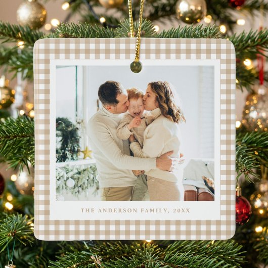 Beige Gingham Family Photo Keramisch Ornament