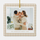 Beige Gingham Family Photo Keramisch Ornament (Achterkant)