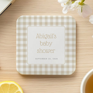 Beige Gingham Geruite Rustieke Baby Shower Kartonnen Onderzetters