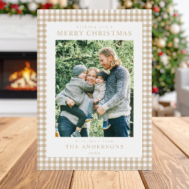 Beige Gingham Kerst Foto Feestdagenkaart