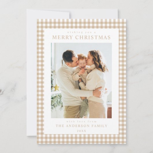 Beige Gingham Kerst Foto Feestdagenkaart (Voorkant)