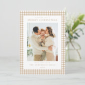 Beige Gingham Kerst Foto Feestdagenkaart (Staand voorkant)