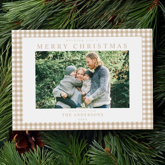 Beige Gingham Kerstfoto Feestdagenkaart