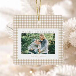 Beige Gingham Kerstfoto Keramisch Ornament