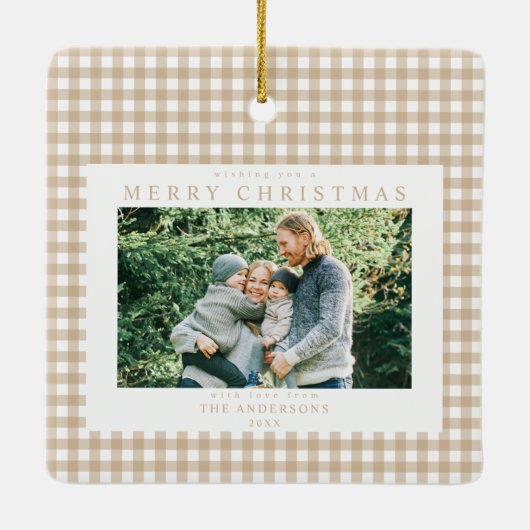 Beige Gingham Kerstfoto Keramisch Ornament (Achterkant)