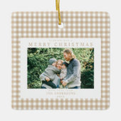 Beige Gingham Kerstfoto Keramisch Ornament (Voorkant)