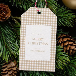 Beige Gingham Kerstmis Cadeaulabel