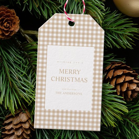 Beige Gingham Kerstmis Cadeaulabel