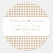 Beige Gingham Kerstmis Ronde Sticker (Voorkant)