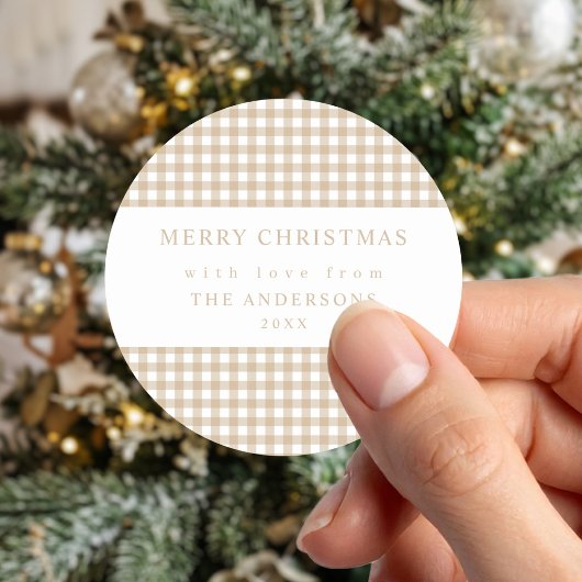 Beige Gingham Kerstmis Ronde Sticker