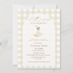 Beige Gingham Kleine Gans Bruine Strik Baby Shower Kaart