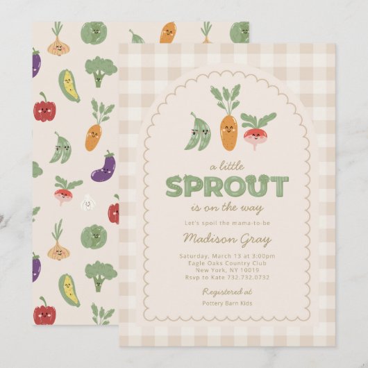 Beige Gingham Little Sprout op de Weg Baby shower Kaart (Voorkant / Achterkant)