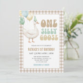Beige Gingham One Silly Goose 1e Verjaardag Kaart (Staand voorkant)