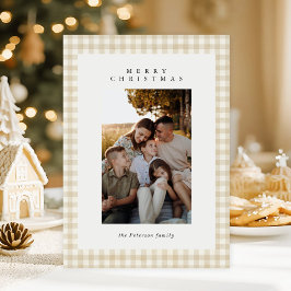 Beige Gingham Plaid Foto Vrolijk Kerstfeest Feestdagenkaart