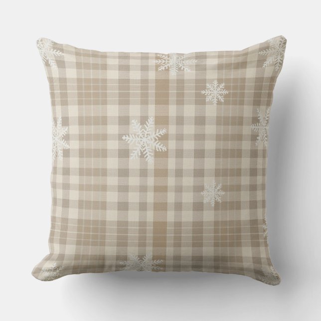 Beige Gingham Sneeuwvlok Worpkussen –Knus Neutraal Kussen (Voorkant)
