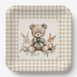 Beige Gingham Woodland Animals Baby shower Borden Papieren Bordje