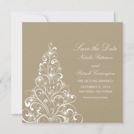 Beige Glinsterende Kerstboom Save the Date Uitnodi (Voorkant)