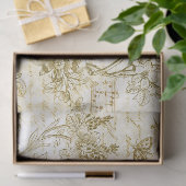 Beige Gold Birds Flowers Frans script Tissuepapier (Geschenk)