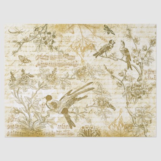  Beige Gold Birds Flowers Frans script Tissuepapier (Voorkant)