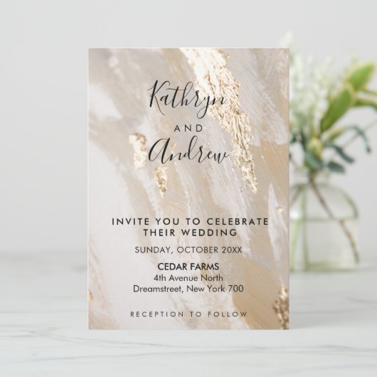 Beige Gold Calligraphy Wedding Invitation Kaart (Staand voorkant)