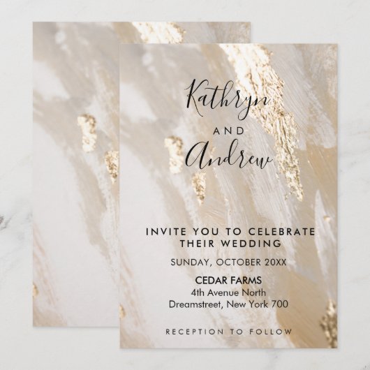 Beige Gold Calligraphy Wedding Invitation Kaart (Voorkant / Achterkant)