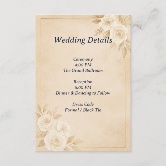 Beige Gold Floral Wedding Details Card Informatiekaartje (Voorkant)