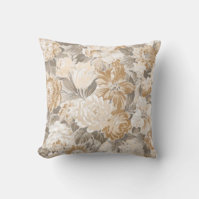  Beige Gold Grey Elegant Floral Kussen (Voorkant)