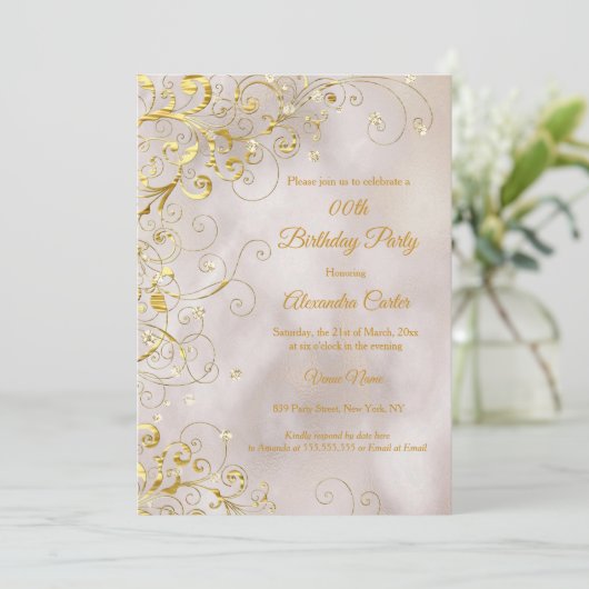 Beige Gold Swirl Glitter Birthday Party Kaart (Staand voorkant)