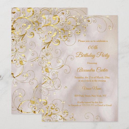 Beige Gold Swirl Glitter Birthday Party Kaart (Voorkant / Achterkant)