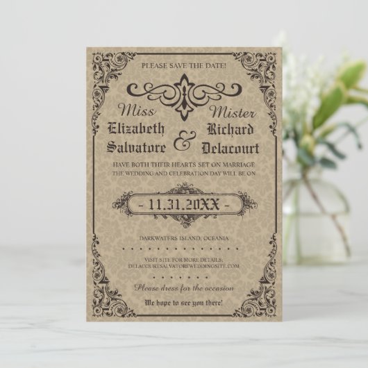 Beige Gothic Victoriaans Damask bewaart de data Save The Date (Staand voorkant)