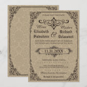 Beige Gothic Victoriaans Damask bewaart de data Save The Date (Voorkant / Achterkant)